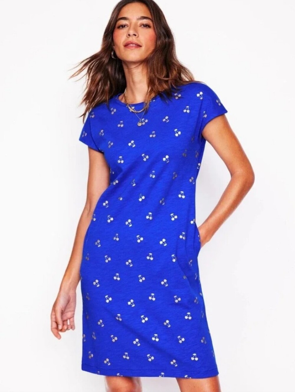 Boden Bright Blue Short-Sleeve Cherry Print Shift Dress